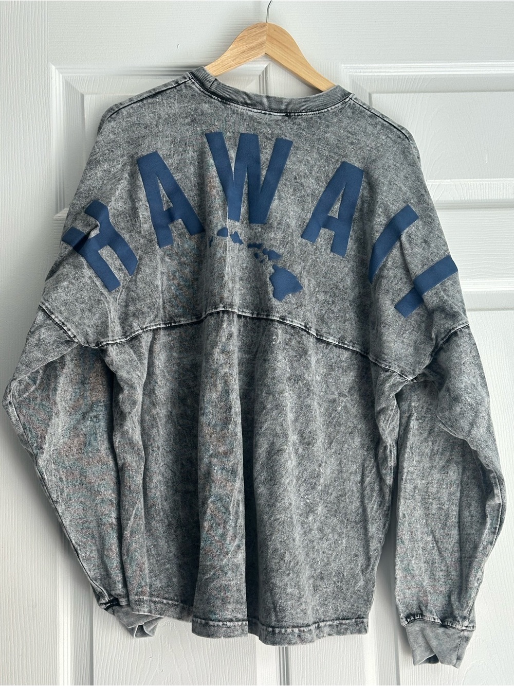Gray Acid-Wash HAWAII Crew Sweatshirt with Blue Lettering